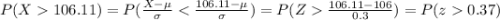 P(X106.11)=P(\frac{X-\mu}{\sigma}\frac{106.11-106}{0.3})=P(z0.37)