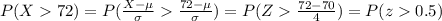 P(X72)=P(\frac{X-\mu}{\sigma}\frac{72-\mu}{\sigma})=P(Z\frac{72-70}{4})=P(z0.5)