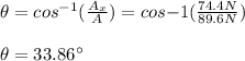 \theta=cos^{-1}(\frac{A_x}{A})=cos{-1}(\frac{74.4N}{89.6N})\\\\\theta=33.86\°