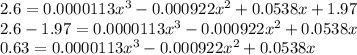 2.6 = 0.0000113x^3-0.000922x^2 +0.0538x + 1.97\\2.6-1.97=0.0000113x^3-0.000922x^2 +0.0538x\\0.63=0.0000113x^3-0.000922x^2 +0.0538x