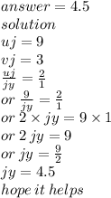 answer = 4.5 \\ solution \\ uj = 9 \\ vj = 3 \\  \frac{uj}{jy}  =  \frac{2}{1}  \\ or \:  \frac{9}{jy}  =  \frac{2}{1}  \\ or \: 2 \times jy = 9 \times 1 \\ or \: 2 \: jy = 9 \\ or \: jy =  \frac{9}{2}  \\ jy = 4.5 \\ hope \: it \: helps