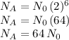 N_A=N_0\,(2)^6\\N_A=N_0\,(64)\\N_A=64\,N_0