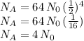 N_A=64\,N_0\,(\frac{1}{2} )^4\\N_A=64\,N_0\,(\frac{1}{16} )\\N_A=4\,N_0