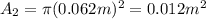 A_2=\pi(0.062m)^2=0.012m^2