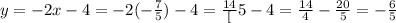y = -2x - 4 = -2(-\frac{7}{5}) - 4 = \frac{14}[5} - 4 = \frac{14}{4} - \frac{20}{5} = -\frac{6}{5}
