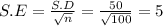S.E = \frac{S.D}{\sqrt{n} } = \frac{50}{\sqrt{100} }  = 5
