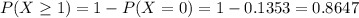P(X \geq 1) = 1 - P(X = 0) = 1 - 0.1353 = 0.8647