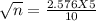 \sqrt{n}  = \frac{2.576 X 5}{10}