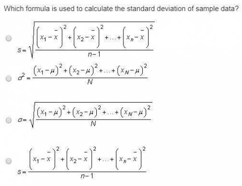 Which formula is used to calculate the standard deviation of sample data?

2.
X, - x
+ X2-X
+ ... +