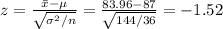 z=\frac{\bar x-\mu}{\sqrt{\sigma^{2}/n}}=\frac{83.96-87}{\sqrt{144/36}}=-1.52