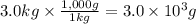 3.0kg \times \frac{1,000g}{1kg} = 3.0 \times 10^{3} g