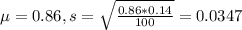 \mu = 0.86, s = \sqrt{\frac{0.86*0.14}{100}} = 0.0347