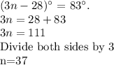 (3n-28)^\circ$ = 83^\circ.\\3n=28+83\\3n=111\\$Divide both sides by 3\\n=37