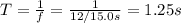 T=\frac{1}{f}=\frac{1}{12/15.0s}=1.25s