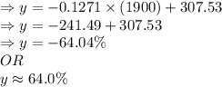 \Rightarrow  y = -0.1271\times (1900) + 307.53\\\Rightarrow  y = -241.49 + 307.53\\\Rightarrow  y = -64.04\%\\OR\\y \approx 64.0\%