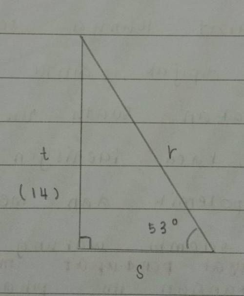 a triangle has it side as r is 53 degree which is hypotenuse t opposite which is 14 s is adjacent fi
