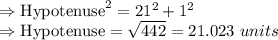 \Rightarrow \text{Hypotenuse}^2 = 21^2 +1^2\\\Rightarrow \text{Hypotenuse} = \sqrt{442} = 21.023\ units
