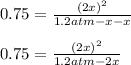 0.75=\frac{(2x)^2}{1.2atm-x-x}\\\\0.75=\frac{(2x)^2}{1.2atm-2x}