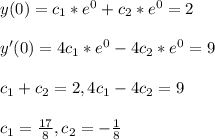 y ( 0 ) = c_1 * e^0 + c_2 * e^0 = 2\\\\y' ( 0 ) = 4 c_1 * e^0 - 4c_2 * e^0 = 9\\\\c_1 + c_2 = 2 , 4c_1 - 4c_2 = 9\\\\c_1 = \frac{17}{8} , c_2 = -\frac{1}{8}