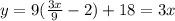 y=9(\frac{3x}{9}-2)+18 =3x