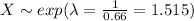 X \sim exp (\lambda = \frac{1}{0.66}= 1.515)