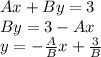 Ax + By = 3\\By = 3 - Ax\\y = -\frac{A}{B}x + \frac{3}{B}