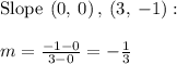\mathrm{Slope\:}\left(0,\:0\right),\:\left(3,\:-1\right):\\\\\quad m=\frac{-1-0}{3-0}=-\frac{1}{3}
