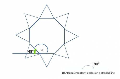 the diagram shows a star made by surrounding a regular octagon with triangles, explain why angle a m