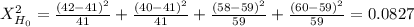 X^2_{H_0}= \frac{(42-41)^2}{41} + \frac{(40-41)^2}{41} + \frac{(58-59)^2}{59} + \frac{(60-59)^2}{59}= 0.0827