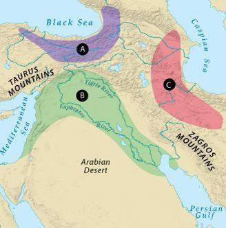 Which letter indicates the region known as the fertile crescent?