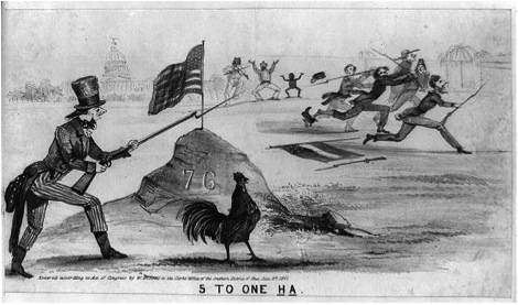 This image shows one northern soldier dressed as uncle sam chasing away five confederate soldiers wh