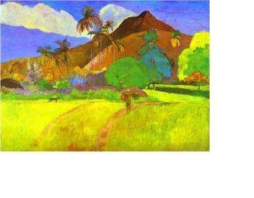 "above is an image of paul gauguin’s tahitian landscape. which of the following is not true about th