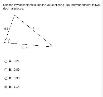 Use the law of cosines to find the value of cos. round your answer to two decimal places