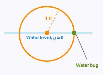 Awaterwheel has a radius of 1 foot, and a water bug has attached itself to the wheel at water level