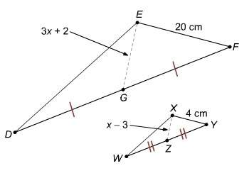 Given that triangle d e f is similar to triangle w x y, what is x?  a) -25 b)8.5 c