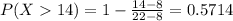 P(X14)= 1- \frac{14-8}{22-8}= 0.5714