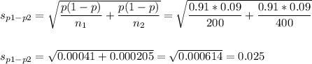 s_{p1-p2}=\sqrt{\dfrac{p(1-p)}{n_1}+\dfrac{p(1-p)}{n_2}}=\sqrt{\dfrac{0.91*0.09}{200}+\dfrac{0.91*0.09}{400}}\\\\\\s_{p1-p2}=\sqrt{0.00041+0.000205}=\sqrt{0.000614}=0.025