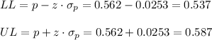 LL=p-z \cdot \sigma_p = 0.562-0.0253=0.537\\\\UL=p+z \cdot \sigma_p = 0.562+0.0253=0.587