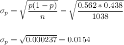 \sigma_p=\sqrt{\dfrac{p(1-p)}{n}}=\sqrt{\dfrac{0.562*0.438}{1038}}\\\\\\ \sigma_p=\sqrt{0.000237}=0.0154
