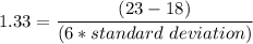 1.33 = \dfrac{(23 -18)}{(6*standard  \ deviation)}