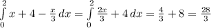 \int\limits^2_0 {x+4-\frac{x}{3} } \, dx =\int\limits^2_0 {\frac{2x}{3} +4} \, dx=\frac{4}{3} +8= \frac{28}{3}