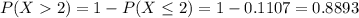 P(X  2) = 1 - P(X \leq 2) = 1 - 0.1107 = 0.8893