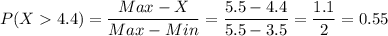 P(X4.4)=\dfrac{Max-X}{Max-Min}=\dfrac{5.5-4.4}{5.5-3.5}=\dfrac{1.1}{2}=0.55