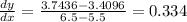 \frac{dy}{dx} =\frac{3.7436-3.4096}{6.5-5.5} =0.334