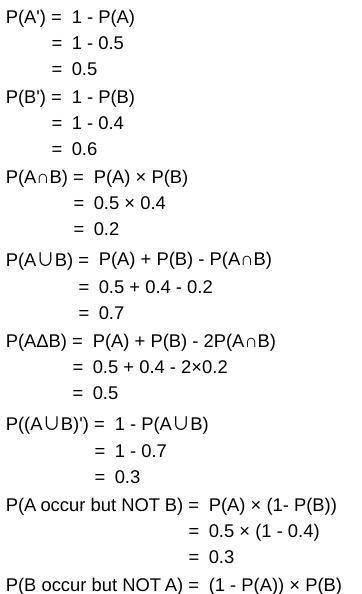 Given P(X) = 0.5, P(Y) = 0.4, and P(Y|X) = 0.3, what are P(X and Y) and P(X or Y)?