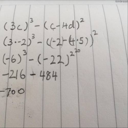 What is the solution to (3c)³ - (c-4d)² if c=-2 and d=5