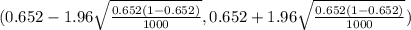 ( 0.652 - 1.96 \sqrt{\frac{0.652 (1-0.652 )}{1000} } , 0.652 + 1.96 \sqrt{\frac{0.652 (1-0.652)}{1000} })