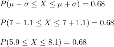 P(\mu-\sigma\leq X\leq \mu+\sigma)=0.68\\\\P(7-1.1\leq X\leq 7+1.1)=0.68\\\\P(5.9\leq X\leq 8.1)=0.68