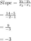 Slope=\frac{y_{2}-y_{1}}{x_{2}-x_{1}}\\\\=\frac{14-5}{-2-1}\\\\=\frac{9}{-3}\\\\=-3