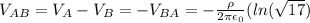 V_{AB}=V_A-V_B=-V_{BA}=-\frac{\rho}{2\pi \epsilon_0}(ln(\sqrt{17})